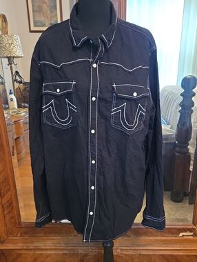 True Religion Black Pearl Snap Shirt with White Contrast Stitching